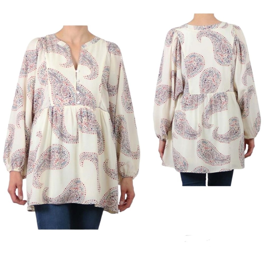 Cal Style Womens White‎ Paisley Tunic Blouse Long Sleeve Lined Size 2XL NWT
